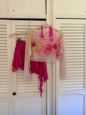 Pink Floral Mesh Top with Hot Pink Lace Skirt Set Zara Larsson Midnight Sun